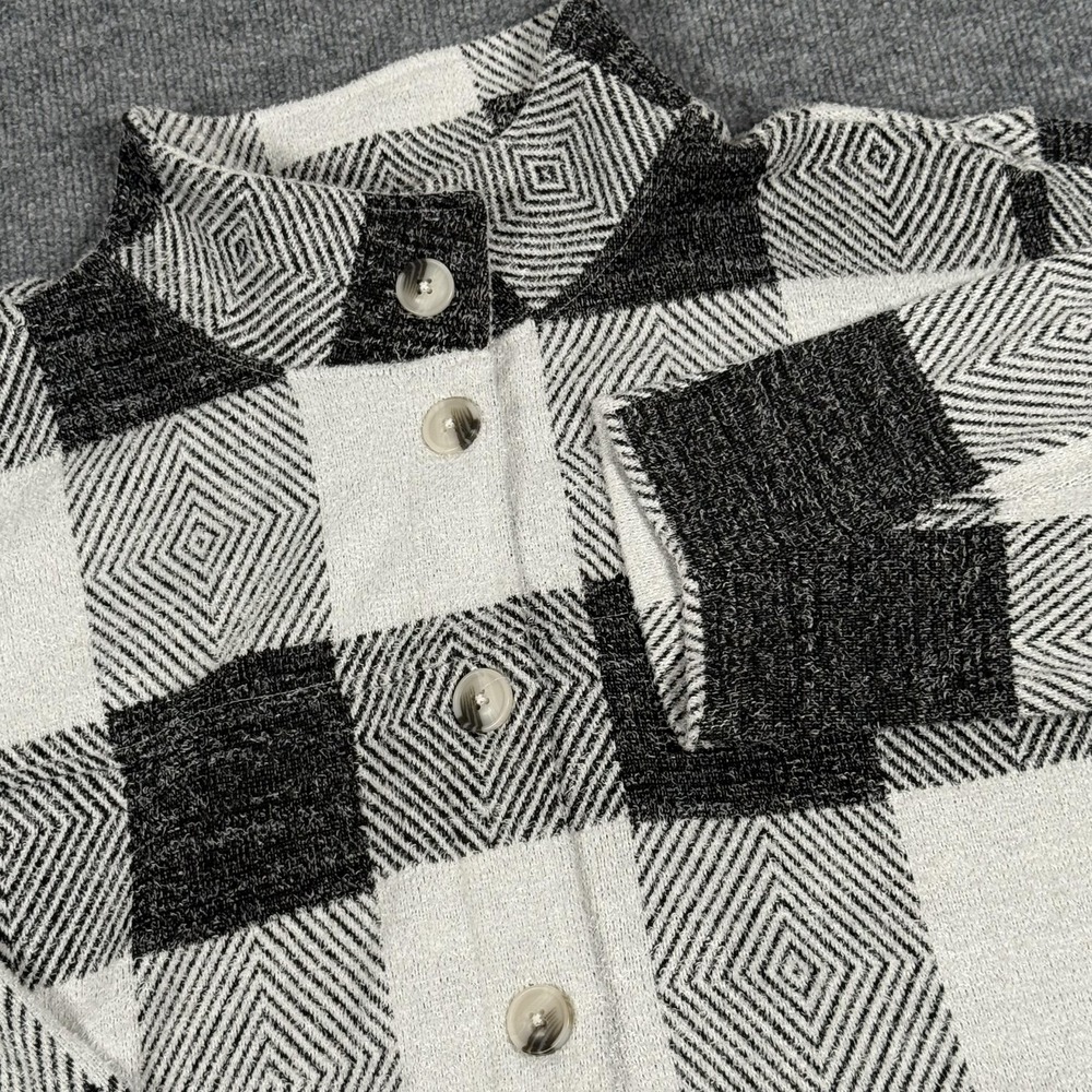 CJ Banks Jacket Womens 2X Black White Geometric Plaid Button Up Soft Knit Cozy